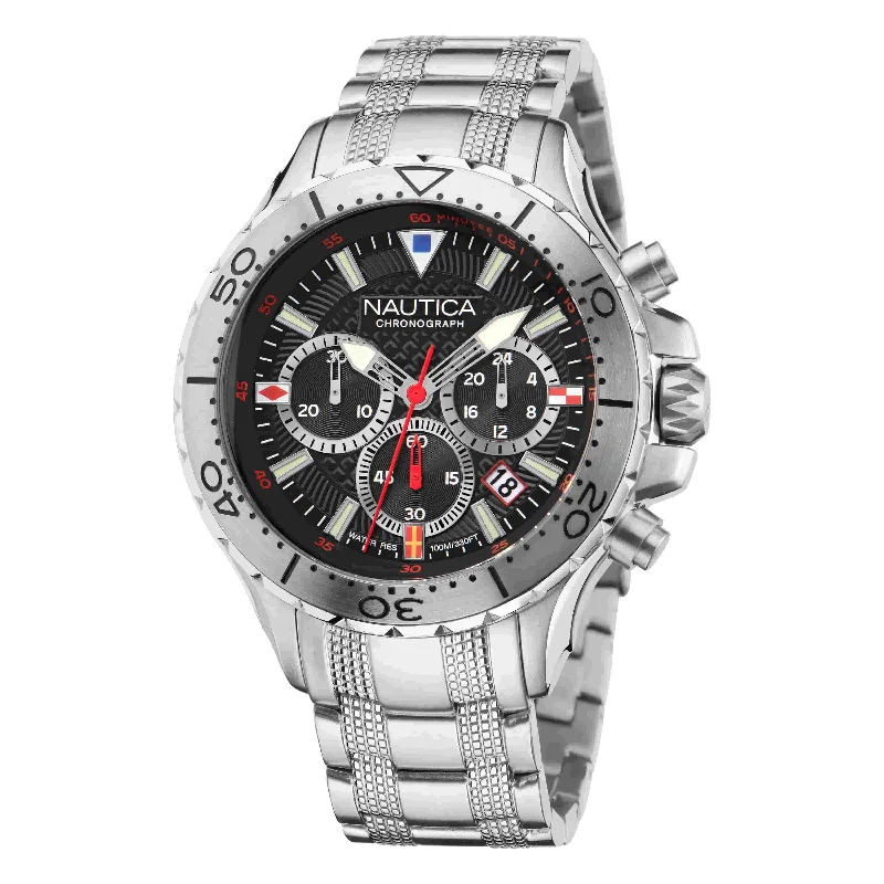 Women's Chronograph Watches for Retro Charm-Nautica NST Black Dial Round Case Quartz Chronograph Analog Men Watch