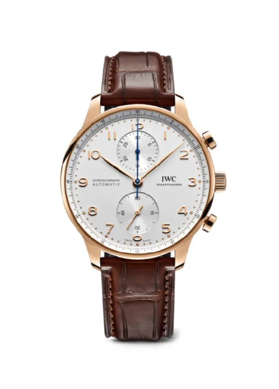 Men's Pilot Watches with Quartz Movement Precision-Portuguese Chronograph 18k Rose Gold 41mm Silver Plated Dial