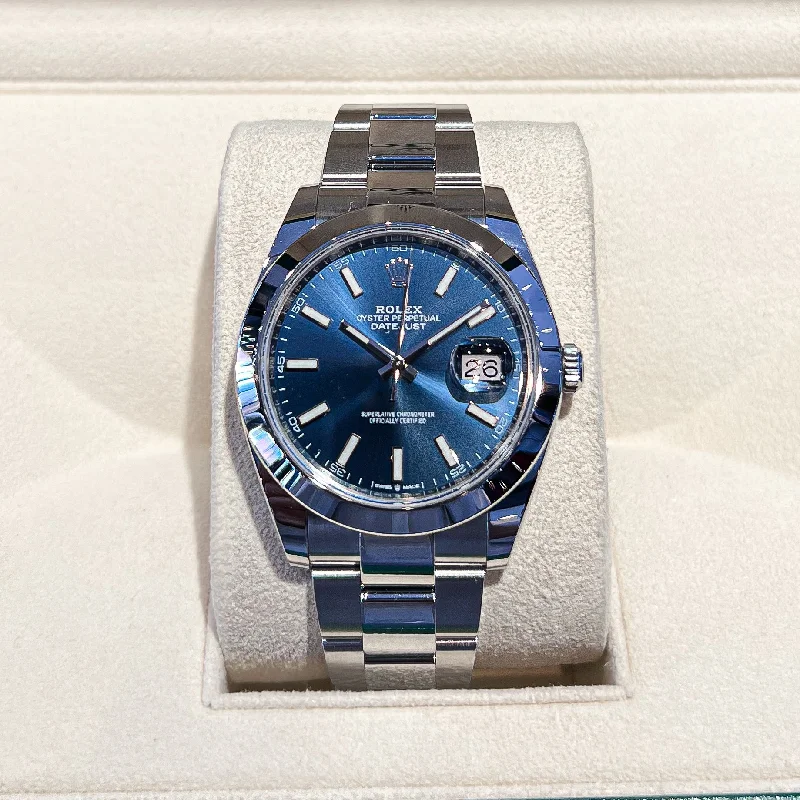 men's Rolex watches with slide rule bezel -​Rolex Datejust41 41mm Steel Blue Dial Stick Markers 2024 Ref m126300-0001 (#851)