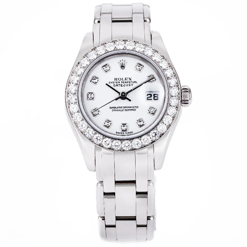 men's Rolex watches with baton markers -​Rolex Lady DateJust Pearlmaster | REF. 80299 | 18k White Gold | White Diamond Dial & Bezel