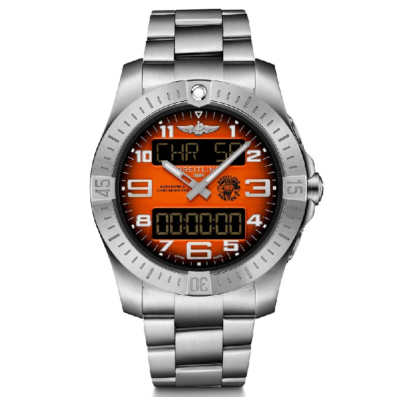 Women's Chronograph Watches with Radio Frequency-Breitling Aerospace B70 25th Anniversary Edition 43mm Orange Dial Titanium Gents Quartz Watch EB70101A1O1E1