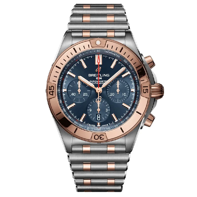 Women's Chronograph Watches for Modern Design-Breitling Chronomat B01 42mm Blue Dial Steel & 18ct Rose Gold Automatic Chronograph Gents Watch UB0134101C1U1
