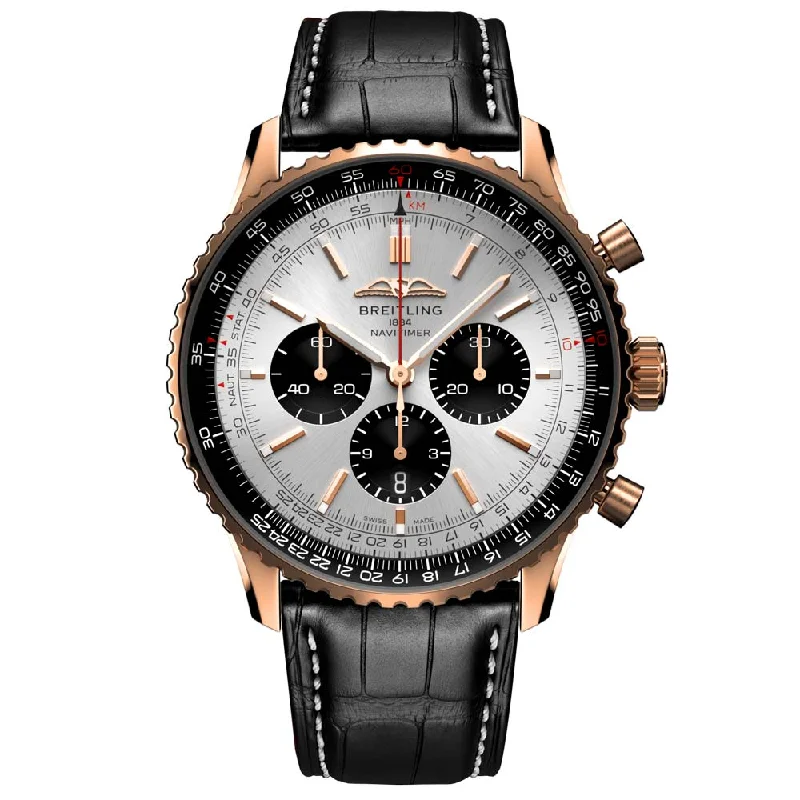 Women's Chronograph Watches with Altimeter Calibration-Breitling Navitimer B01 Chronograph 46mm Silver Dial 18ct Red Gold Automatic Gents Watch RB0137241G1P1