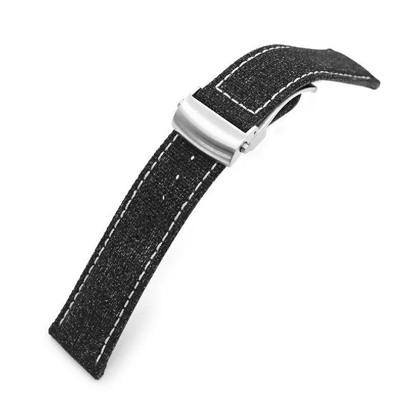 Men's Military Watches with Thermometer-20mm or 22mm Black Canvas Watch Band Brushed Roller Deployant Buckle, Beige Stitching
