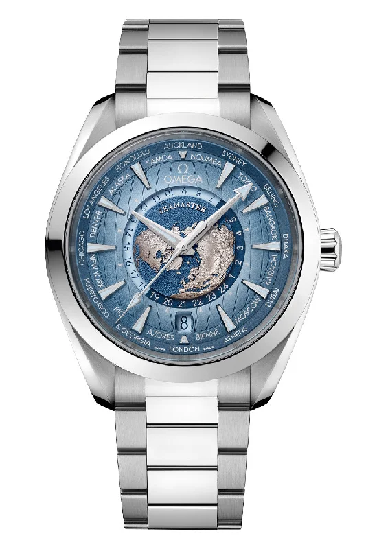 Men's Mechanical Movement Dress Watches with Complications-Omega Seamaster 75th Anniversary Aqua Terra 150M Co‑Axial Master Chronometer GMT Worldtimer 220.10.43.22.03.002