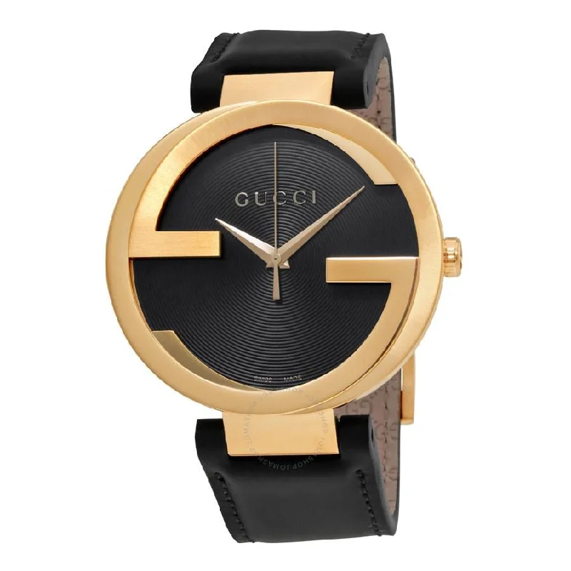 Men's Chronograph Watches with Personalized Engraving-Gucci Men's YA133212 Interlocking-G Black Leather Watch