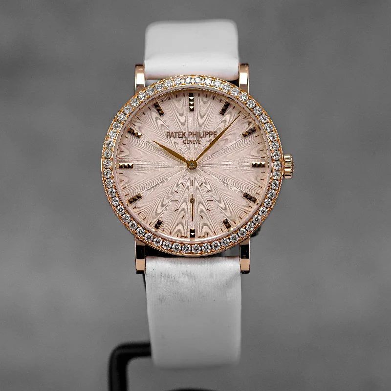 Men's Patek Philippe Watches with Compass Calibration-CALATRAVA 7120R ROSEGOLD CREAM DIAL DIAMOND BEZEL (2012)