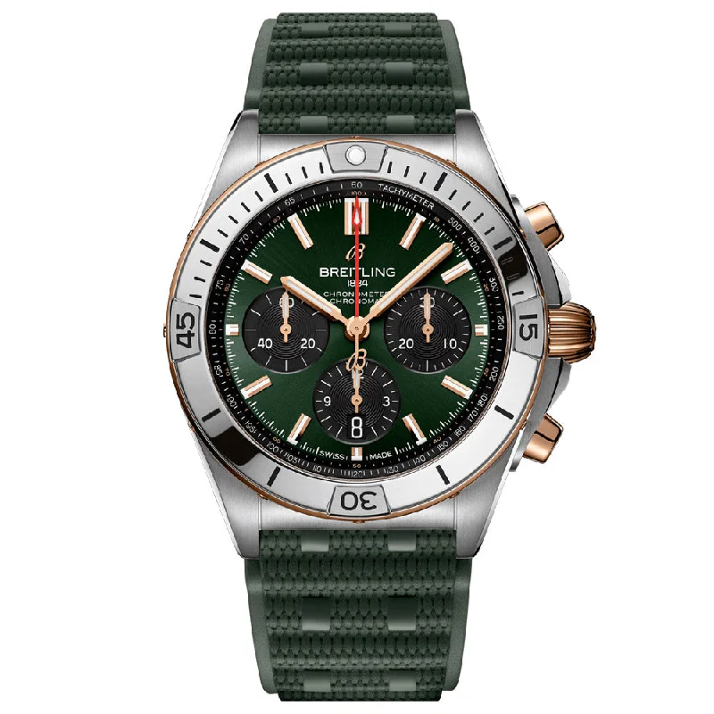 Women's Chronograph Watches with Tactical Design-Breitling Chronomat B01 42mm Green Dial 18ct Rose Gold and Steel Automatic Chronograph Gents Watch UB0134131L1S1