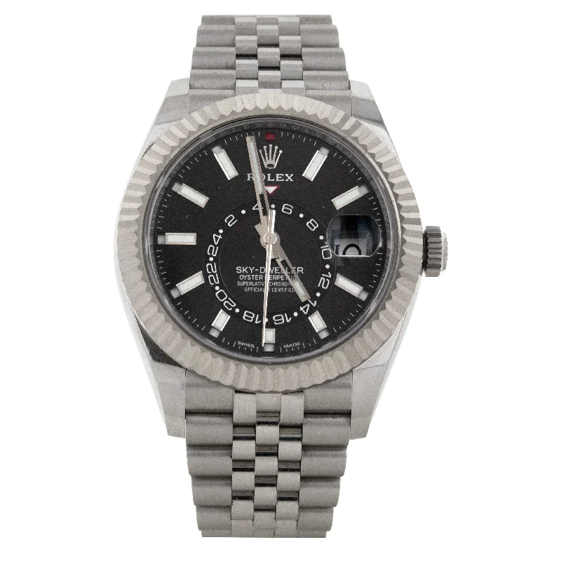 men's Rolex watches with linen dial -​Rolex Sky-Dweller Stainless Steel Black Dial 42mm 326934 Jubilee Full Set