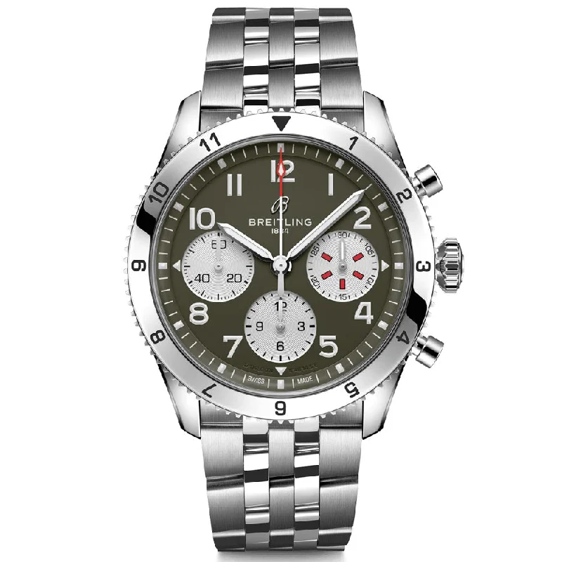 Women's Quartz Chronograph Watches-Breitling Classic AVI Curtiss Warhawk 42mm Green Dial Automatic Chronograph Gents Watch A233802A1L1A1