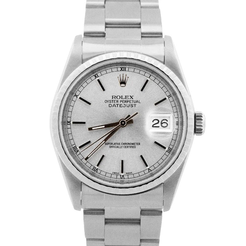 Women's Rolex Everyday Wear Watches-Rolex DateJust Silver 36mm ENGINE TURNED Stainless Steel Oyster Watch 16220