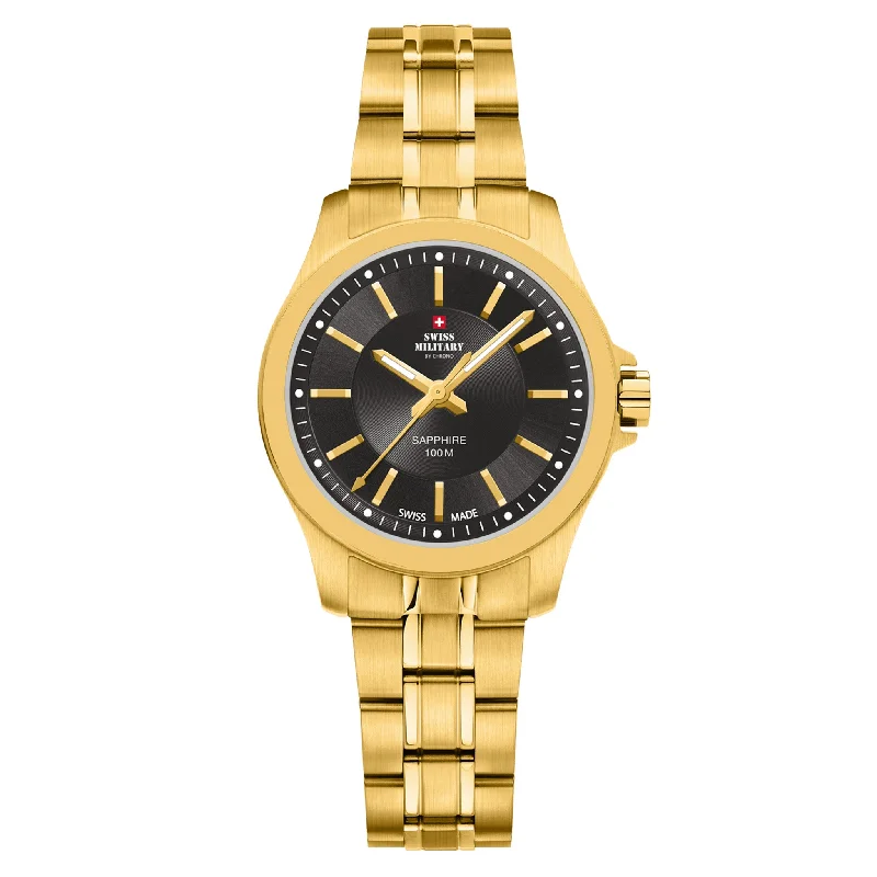 Men's Military Watches for Chemical Biological Response-Swiss Military Gold Steel Black Dial Women's Swiss Made Watch - SM30201.08