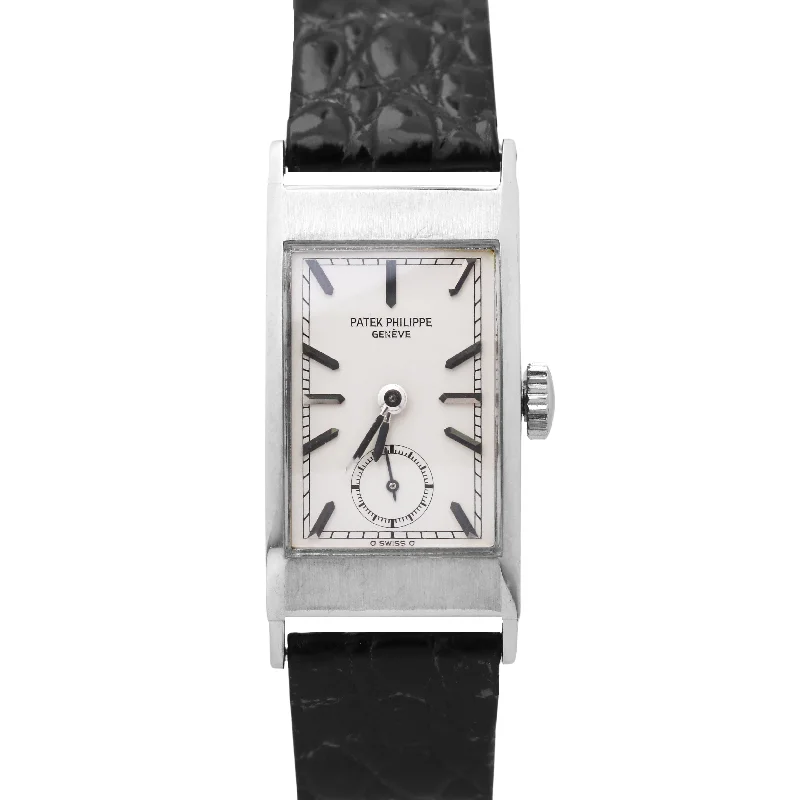 Patek Philippe Night Out Design Watches for Women-VINTAGE Patek Philippe Tegolino 425 PLATINUM Rectangle Silver Leather Watch