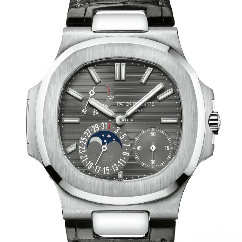 Men's Patek Philippe Watches for Birthday Gifts-Patek Philippe Nautilus Moon Phase White Gold Grey Dial 5712G-001