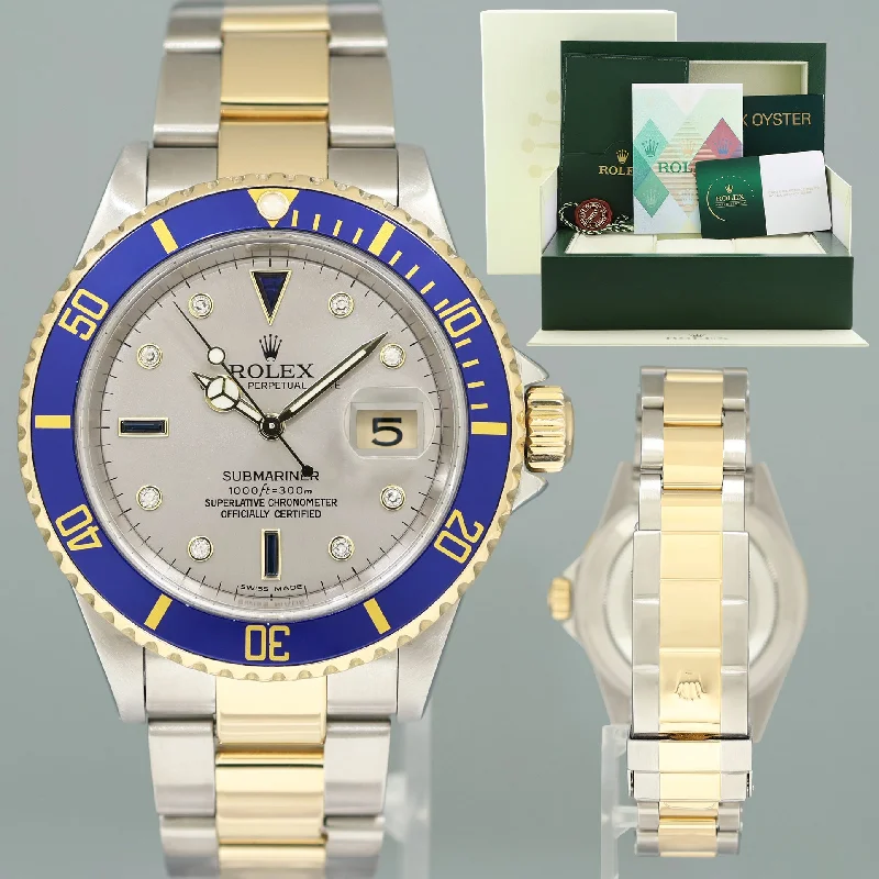 Women's Rolex Solar Powered Watches-PAPERS 2024 RSC SERVICE Rolex Submariner 16613 Two Tone Gold Serti Diamond Watch