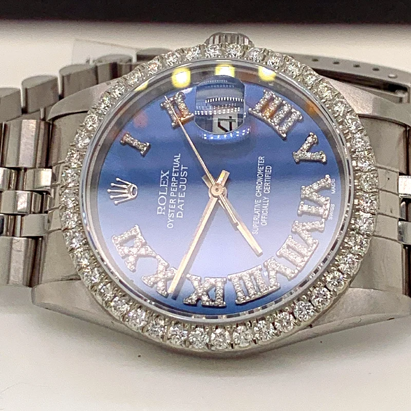 men's Rolex watches with mother-of-pearl dial -​Rolex 16014 Stainless Steel 36mm Blue Roman numeral Diamond dial with diamond bezel