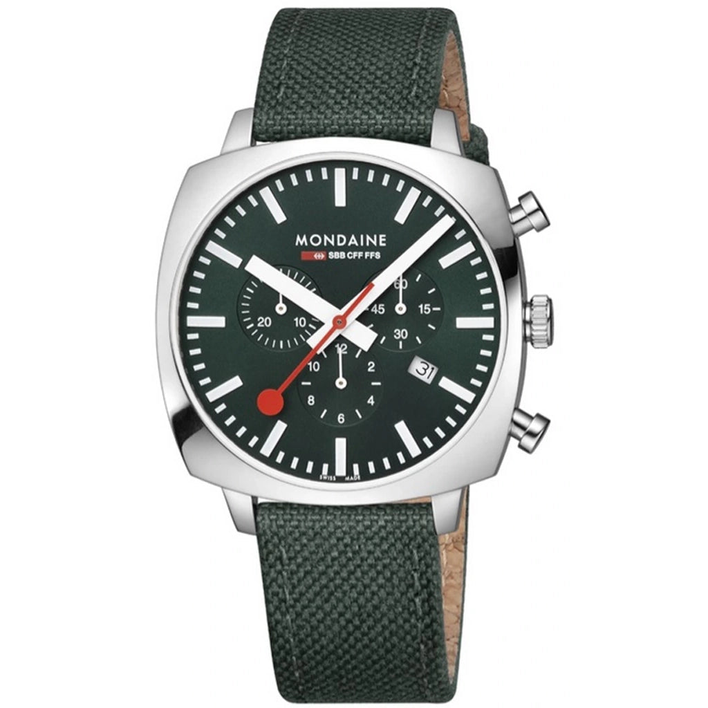 Men's Designer Design Dress Watches with Custom Details-Mondaine Grand Cushion Chrono Square Men's Green Watch MSL.41460.LF.SET
