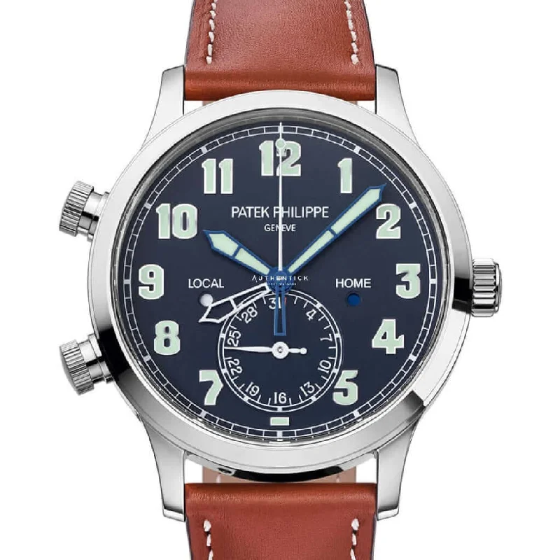 Men's Patek Philippe Watches for Mountain Climbing-Patek Philippe Calatrava Pilot Travel Time Blue Dial 5524G-001