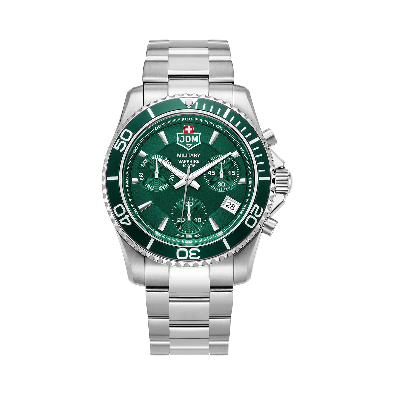 Men's Military Watches with Patriotic Design-JDM Military Sierra Chrono Men's Green Dial Watch JDM-WG019-04 – Swiss Made, 43mm, Sapphire Crystal, Chronograph, 5 ATM, Stainless Steel Bracelet