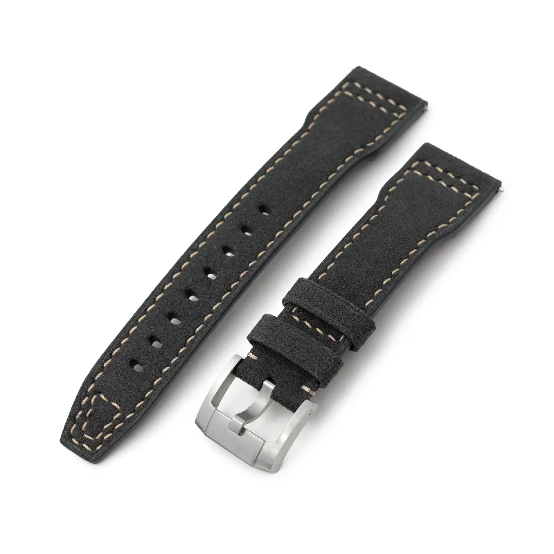 Men's Military Watches with Travel Documents-Charcoal Black Alcantara Fabric Quick Release Watch Band, Beige Stitching, 20mm, 21mm or 22mm