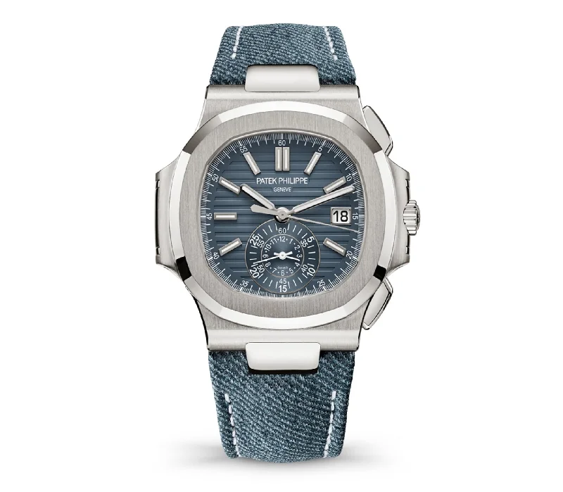 Men's Patek Philippe Watches with Smart Features-41mm Flyback Chronograph Blue Dial 18k White Gold Denim