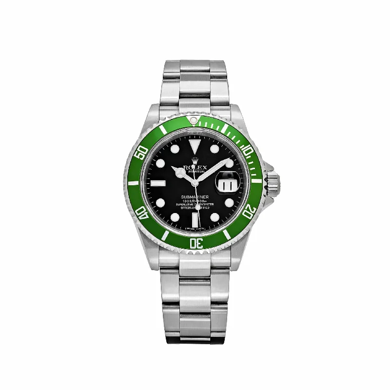 How to authenticate a pre-owned Rolex Submariner men's watch -Rolex Submariner Date 16610LV 'Kermit' Bezel Stainless Steel Black Dial Oyster (2008)