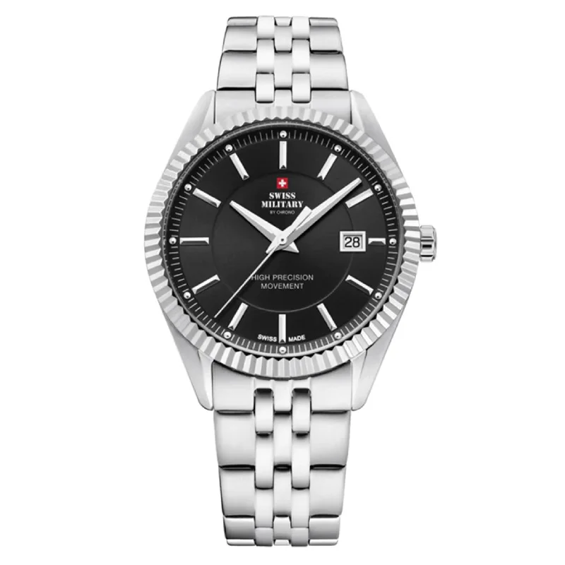 Men's Military Watches for Information Security-Swiss Military Stainless Steel Black Dial Men's Watch  - SM34065.01