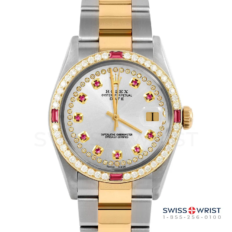men's Rolex watches with white dials -​Rolex Date 34mm | 1500-TT-SLV-STRR-4RBY-OYS