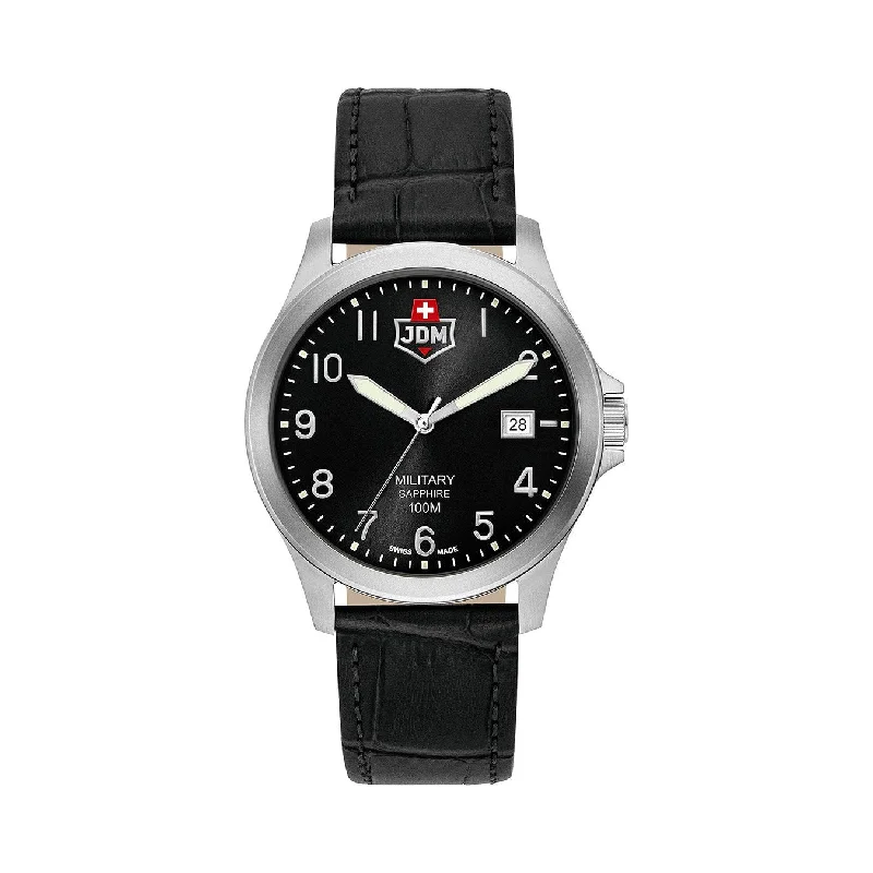 Men's Military Watches with Electronic Dance Music-JDM Military Alpha I Men's Black Dial Black Leather Strap Watch JDM-WG001-01 – Swiss Made, Sapphire Crystal, 10 ATM Water Resistance, Date Function