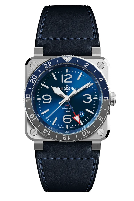 Men's Autumn Design Dress Watches for Harvest Festivals-Bell & Ross BR03-93 GMT Blue BR0393-BLU-ST/SCA