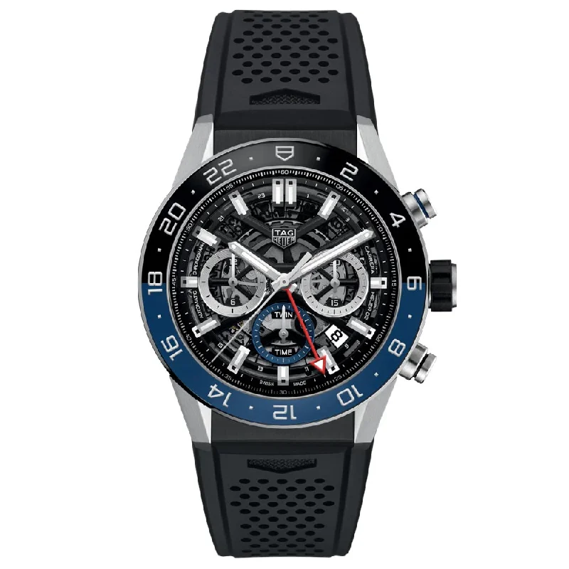 Women's Chronograph Watches with Barometer Calibration-TAG Heuer Carrera GMT 45mm Skeleton Dial Automatic Chronograph Gents Watch CBG2A1Z.FT6157