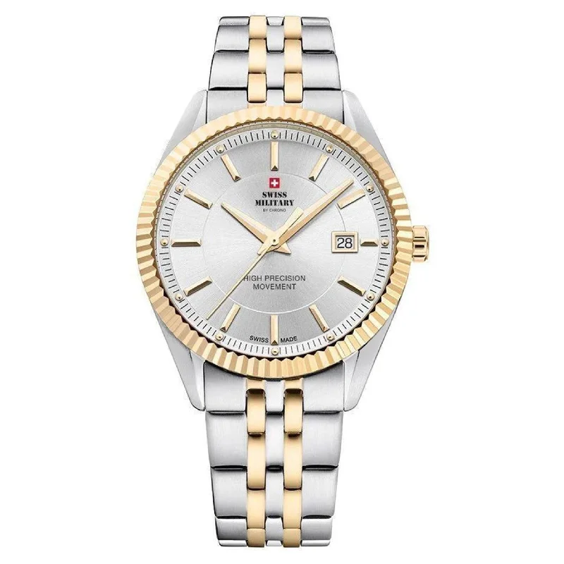Men's Military Watches for Access Control-Swiss Military Two-Tone Steel Silver Dial Men's Watch  - SM34065.05