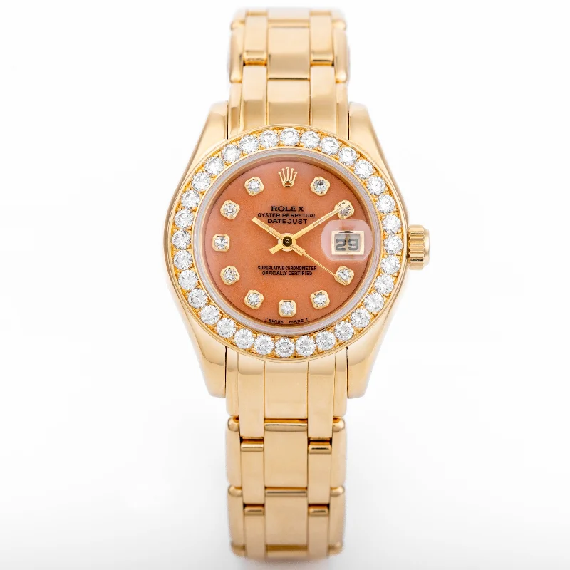 men's Rolex watches with small seconds subdial -​Rolex Lady DateJust Pearlmaster | REF. 69298 | Coral Diamond Dial & Bezel | 18k Yellow Gold