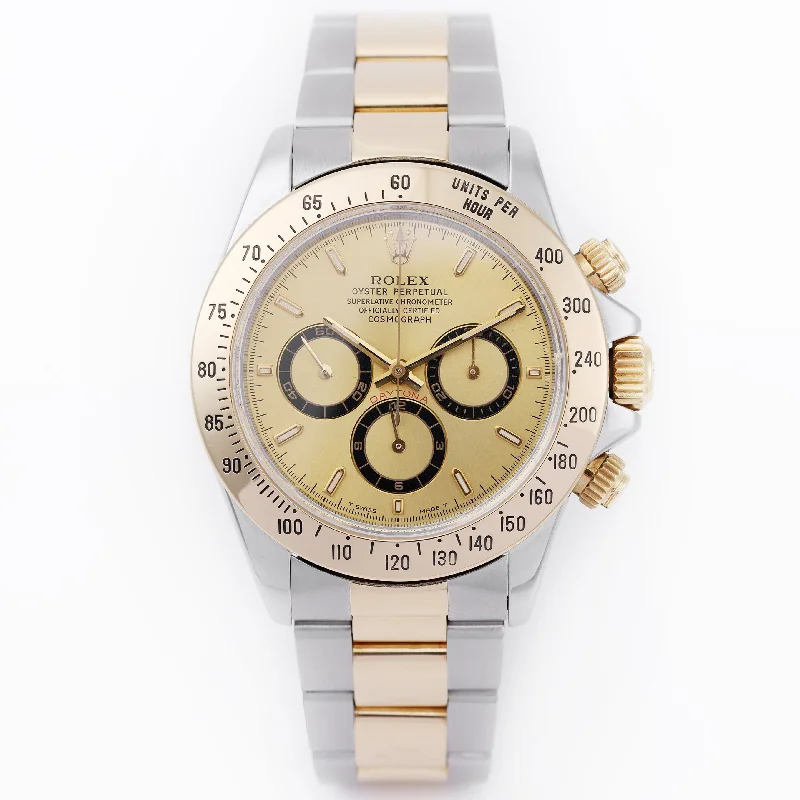 men's Rolex watches with open-heart design -​Rolex Daytona Zenith | REF. 16523 | Gold Dial | Box & Papers | 1998 | Stainless Steel & 18k Yellow Gold