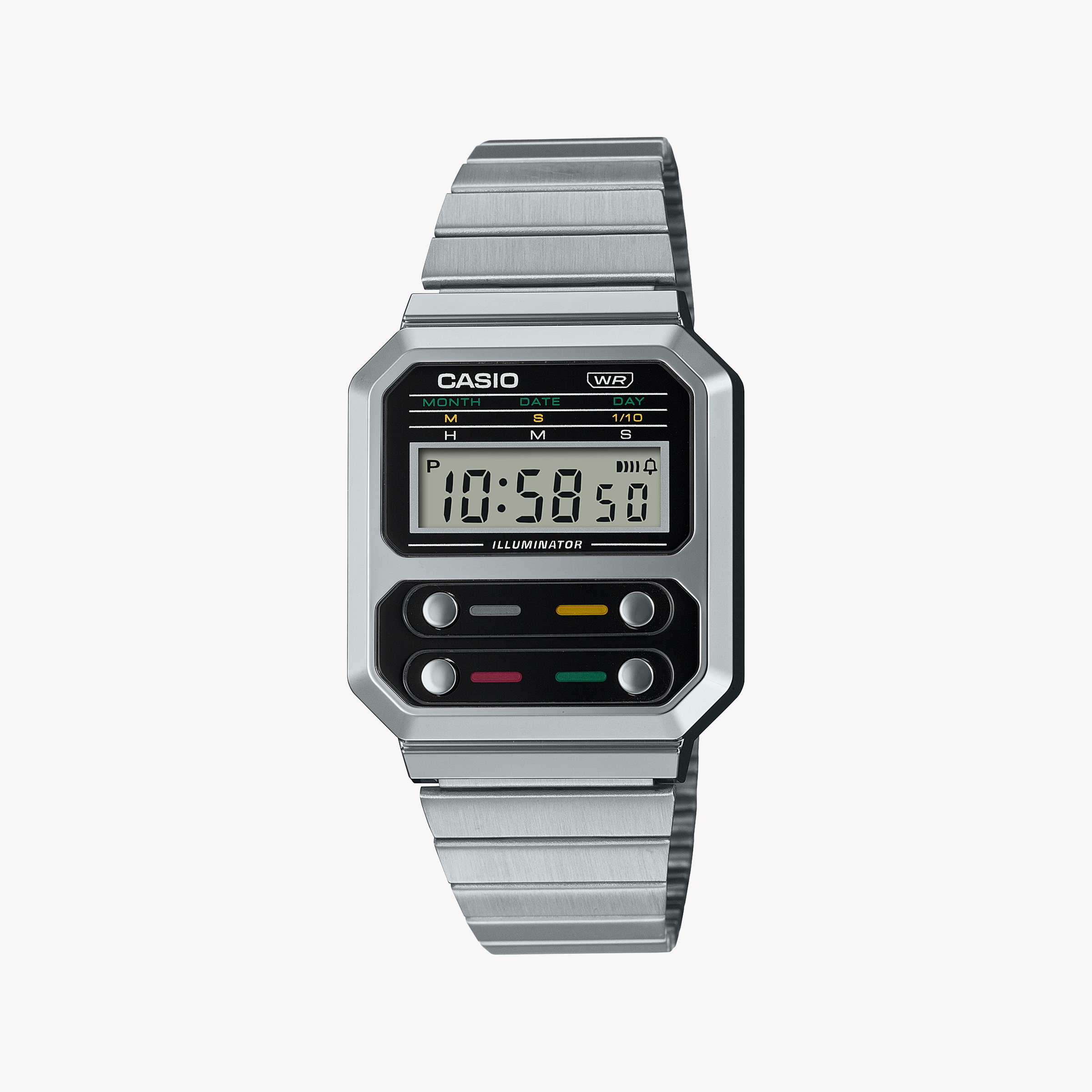 Men's Digital Watches for Workouts-CASIO A100WE-1ADF - SPORTY ELEGANCE UNISEX DIGITAL WATCH WITH SILVER STAINLESS STEEL BAND
