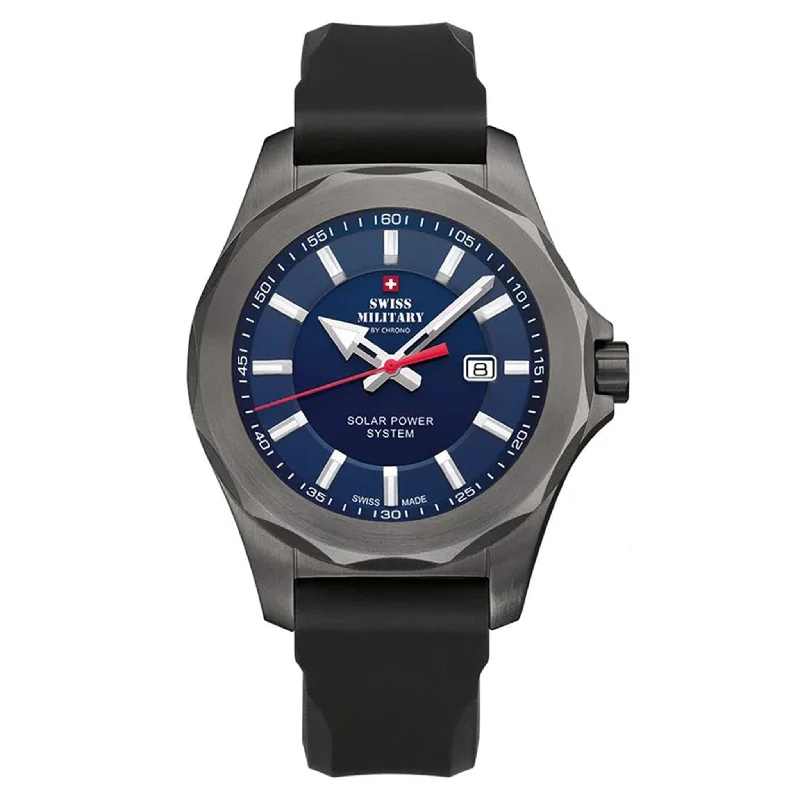 Men's Military Watches with Undercover Operations-Swiss Military Black Silicone Blue Dial Solar Men's Watch - SMS34073.08