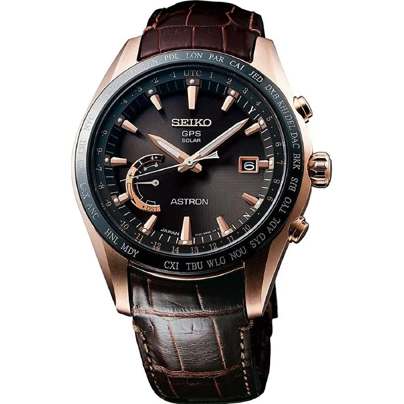 Men's Chronograph Watches for Pilots-Seiko Men's SSE096 Astron GPS Solar World Time Brown Leather Watch