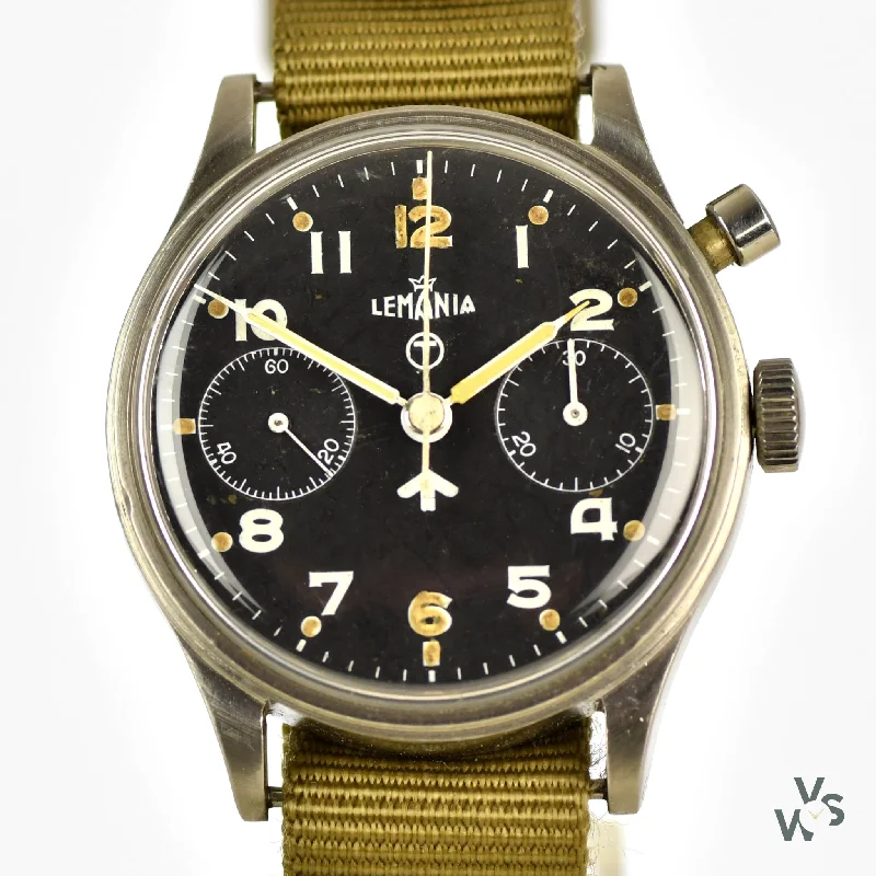 Men's Military Watches with Cybersecurity Features-Lemania Single Pusher Chronograph - RAF Military Issued c.1953 - Case Marking AM/6B/551