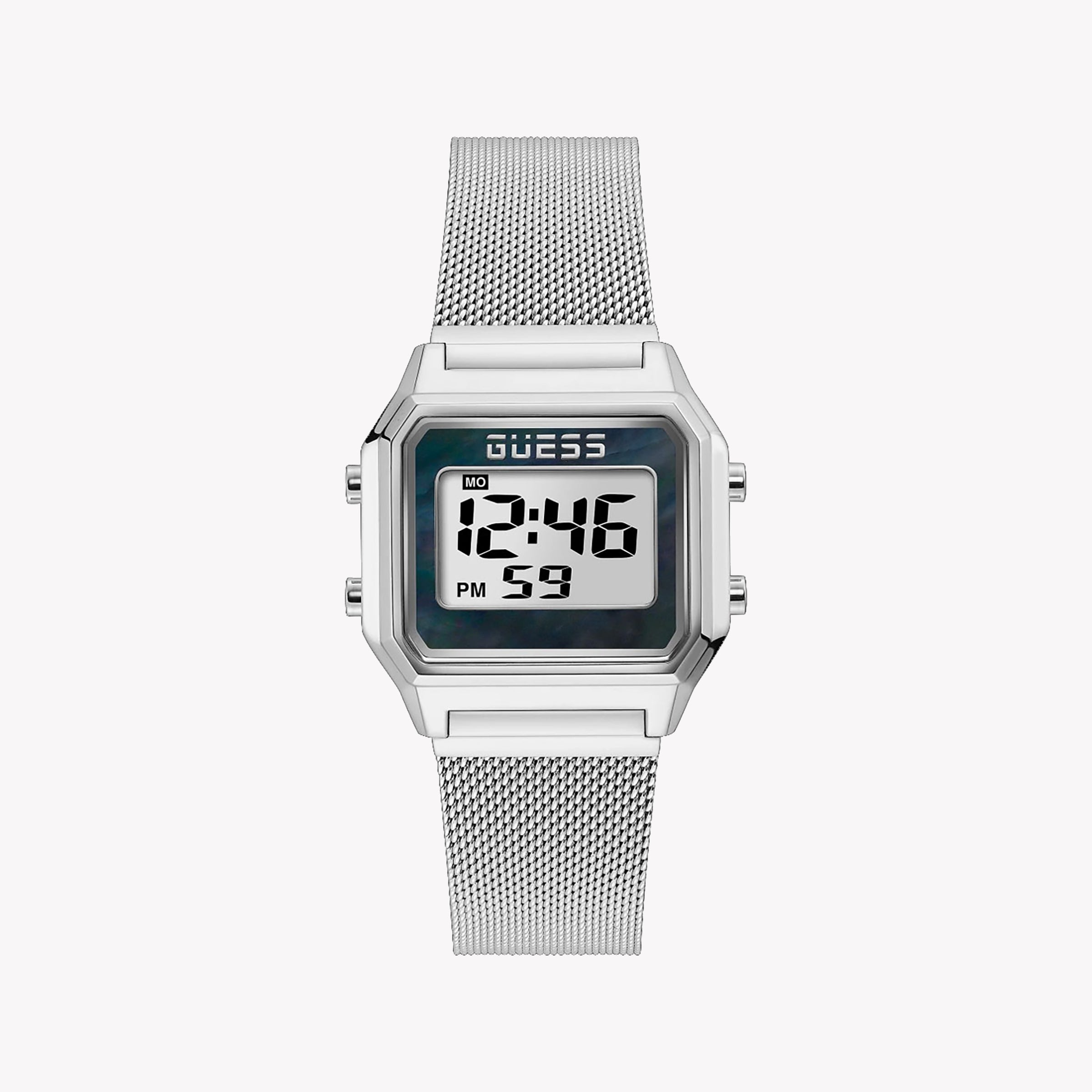 Men's Digital Watches with Thermometer Function-GUESS Women's Silver Stainless Steel Watch, Digital Dial | GW0343L1