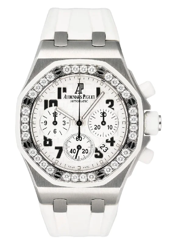 Men's Audemars Piguet Analog Style Watches-Audemars Piguet Royal Oak Offshore 26048SK Diamond White Dial Ladies Watch Box Papers