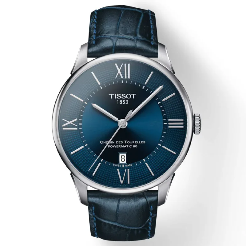 Women's Heritage Watches with Dual Time Zones-Tissot T-Classic Chemin des Tourelles Powermatic 80 Blue Dial Men 42mm