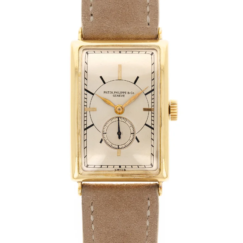 Men's Patek Philippe Watches with Advanced Technology-Patek Philippe Yellow Gold Rectangular Watch Ref. 10 with Remarkable Engraving Details
