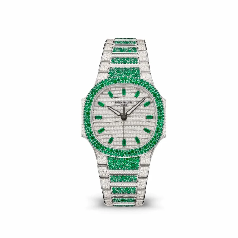 Men's Patek Philippe Watches with Thermometer Function-Patek Philippe Nautilus 7118/1453G 'Ladies Haute Joaillerie' White Gold Diamond Emerald Set
