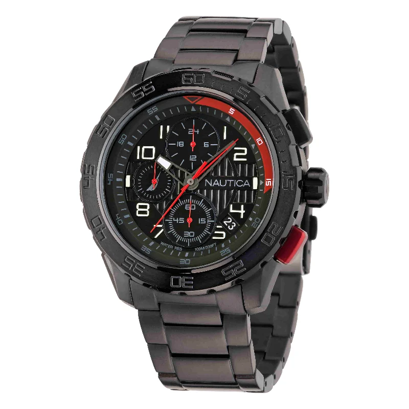 Women's Chronograph Watches with Pilot's Watch Design-Nautica NST Black Dial Round Case Quartz Chronograph Analog Men Watch