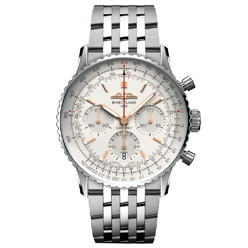 Women's Chronograph Watches for Collectors-Breitling Navitimer B01 Chronograph 41mm Silver Dial Automatic Gents Watch AB0139211G1A1