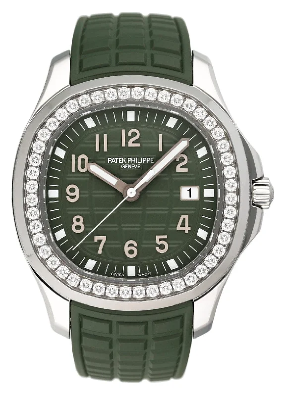 Men's Patek Philippe Gondolo Watches-Patek Philippe Aquanaut Green Dial Diamond 5267/200A-011 Ladies Watch Box Papers