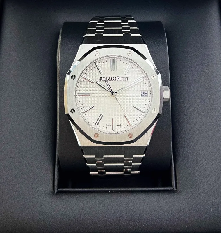 men's Rolex watches with leather straps -​Audemars Piguet Royal Oak 41mm Steel Silver Dial Stick Markers 2024 Ref 15510ST.OO.1320ST.08 (#839)