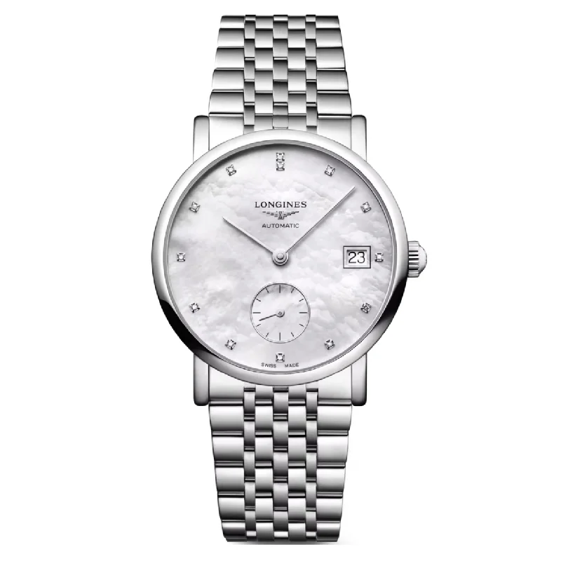 Women's Pilot Watches with Hygrometer Feature-Longines Elegant Collection White mother-of-pearl Dial Women 34.5mm