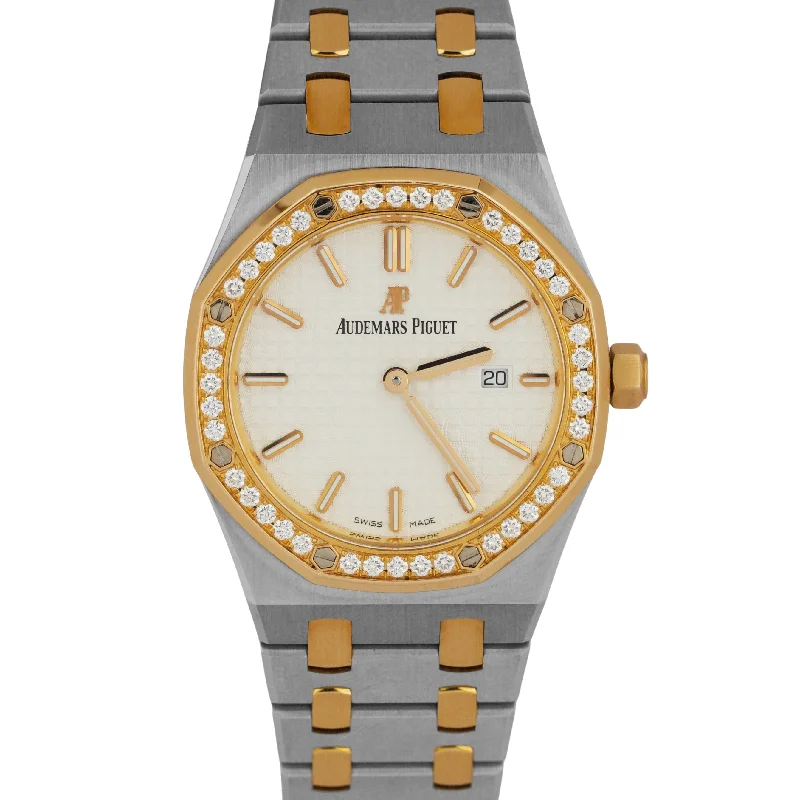 Women's Audemars Piguet Seasonal Style Watches-PAPERS Audemars Piguet Royal Oak WHITE DIAMOND 18K Gold Steel 33mm 67651SR BOX