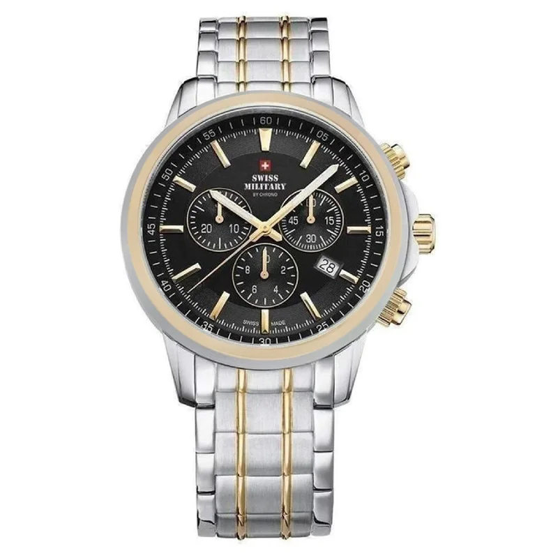 Men's Military Watches with Reconnaissance Missions-Swiss Military Two-Tone Stainless Steel Black Dial Chronograph Men's Watch - SM34052.04